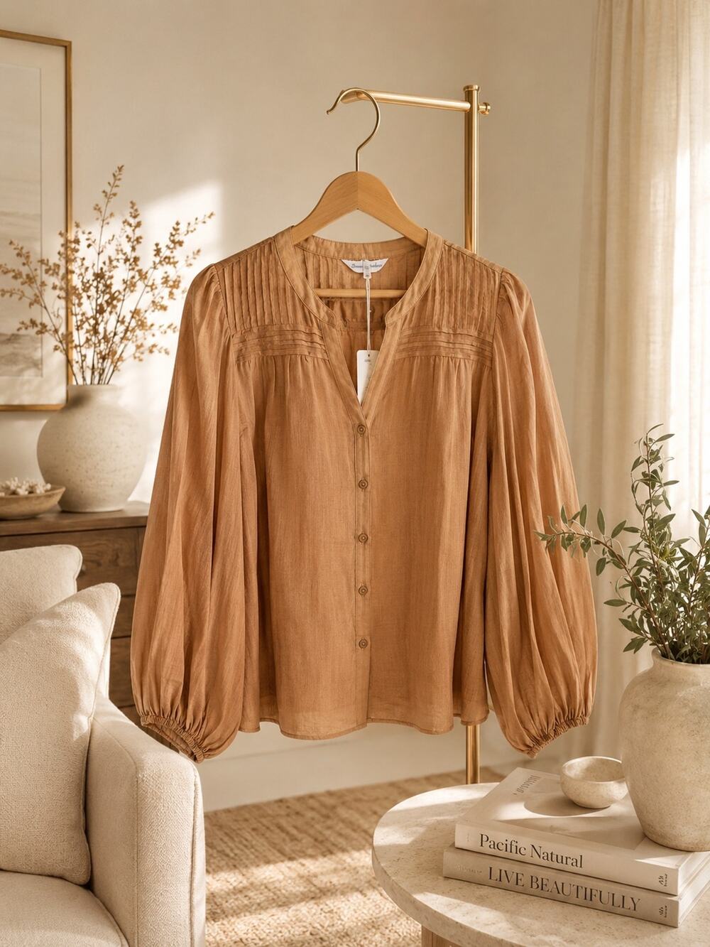 Tommy Bahama Palm Breeze Chipmunk Brown Pintuck Balloon Sleeve Blouse M NWT